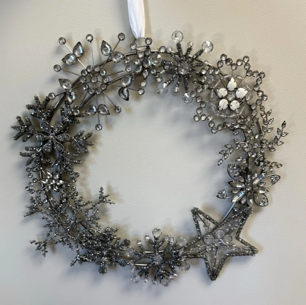 Pottery Barn Jeweled Wreath Silver Metal Snowflake Crystal Christmas 17